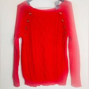 Red Cable Knit Sweater Valentine’s Day EUC nice details w/ shoulder buttons Sz L